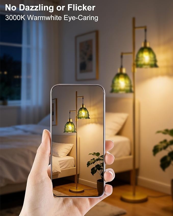 2-Light Modern Glass Floor Lamp, Gold Tall Standing Lamp with Green Lace Glass Shade for Reading, Dimmable LED Floor Lamp with 5Lbs Heavy Base for Living Room Bedroom Home Decor, Bulb Included