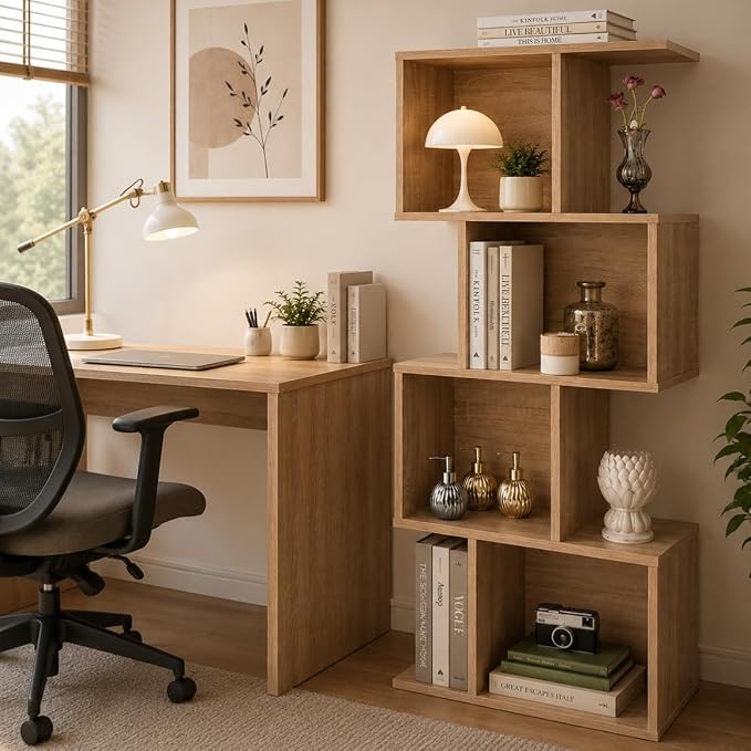 Bookcase, Bookshelf, Freestanding Display Storage Shelves Open Bookcase for Bedroom, Small Bookshelf for Living Room and Office (Natural, S-Shaped)