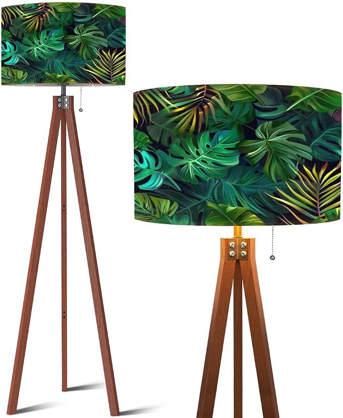 Wood Tripod Floor Lamp Seamless pattern exotic tropical plants modern style Trendy jungle Mid Century Standing Lamp Linen Shade Dimmable Modern Tall lamp Home Decor for Living Room Bedroom Office