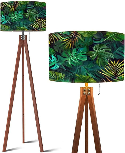 Wood Tripod Floor Lamp Seamless pattern exotic tropical plants modern style Trendy jungle Mid Century Standing Lamp Linen Shade Dimmable Modern Tall lamp Home Decor for Living Room Bedroom Office