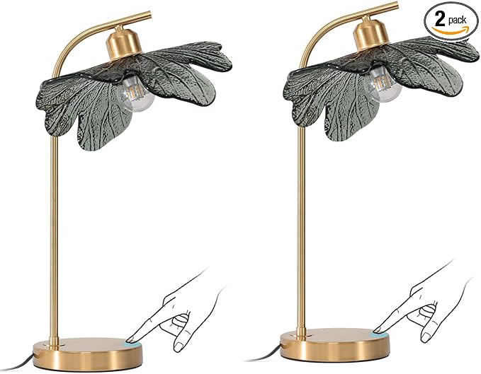 2 Pack Gold Table lamp Mid CenturyTable Lamps with Touch Switch Dark Green Glass Shade nightstand lamp Side Desk lamp Small Table lamp Glass Table Light for end Table Bedroom Farmhouse