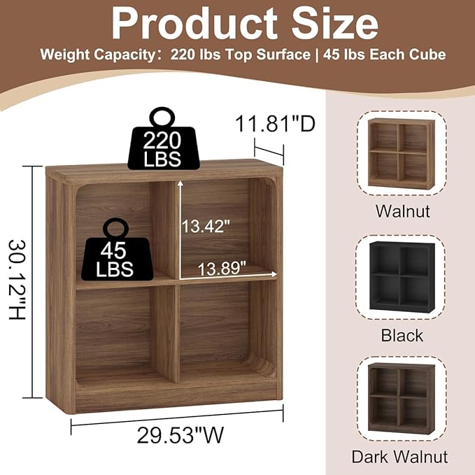 FATORRI 4 Cube Storage Bookcase, Rustic Wood Cube Bookcase Shelf Organizer, Small Storage Bookshelf for Living Room, Bedroom, Office (Walnut, 29.53" W)