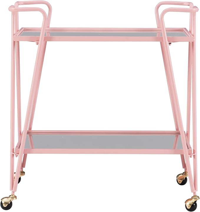 Gina Pink Mid-Century Bar Cart with Mirrored Shelves and Locking Wheels by Linon