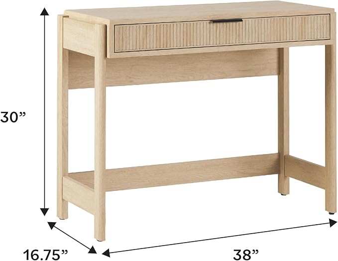 Walker Edison Transitional Office Design, Reeded Drawer Front Detail, Writing Desk with Drawer, Spacious Desktop, Complementary in Living Spaces, 38 Inch, Coastal Oak