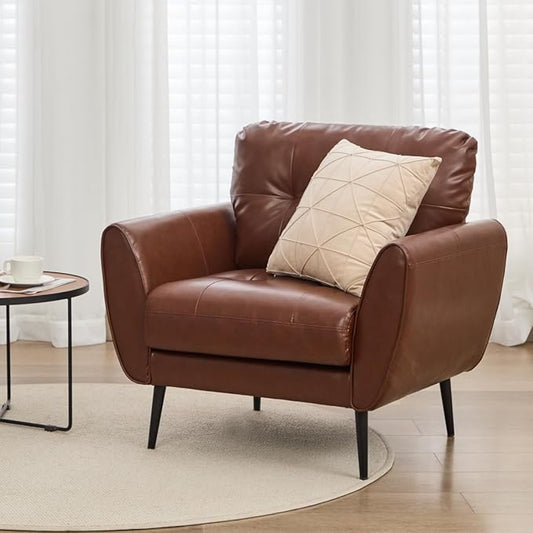 TYBOATLE Accent Chair, Comfy Modern Living Room Brown Leather Reading Accent Chairs Tufted Mid Century Arm Chair Small Salon Chair for Office Bedroom(1, Brown)