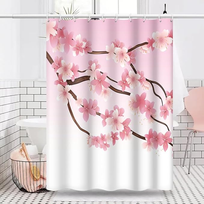 Cherry Blossom Shower Curtain Romance Pink Floral Branches Shower Curtains for Girly Woman Bathroom Accessories Waterproof Polyester Fabric with Hooks, 72 x 72 Inch