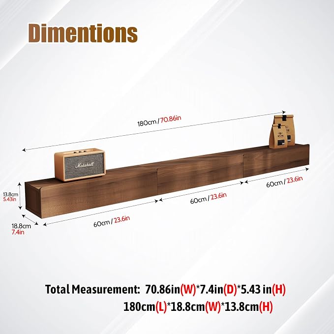 Floating Solid Wood Console Table, 71'' Wall Mounted Narrow Entryway Table with Storage Shelf, Modern Couch Shelves Small Entry Way Tables for Entryway, Front Hall, Hallway (Walnut, 70.86IN)