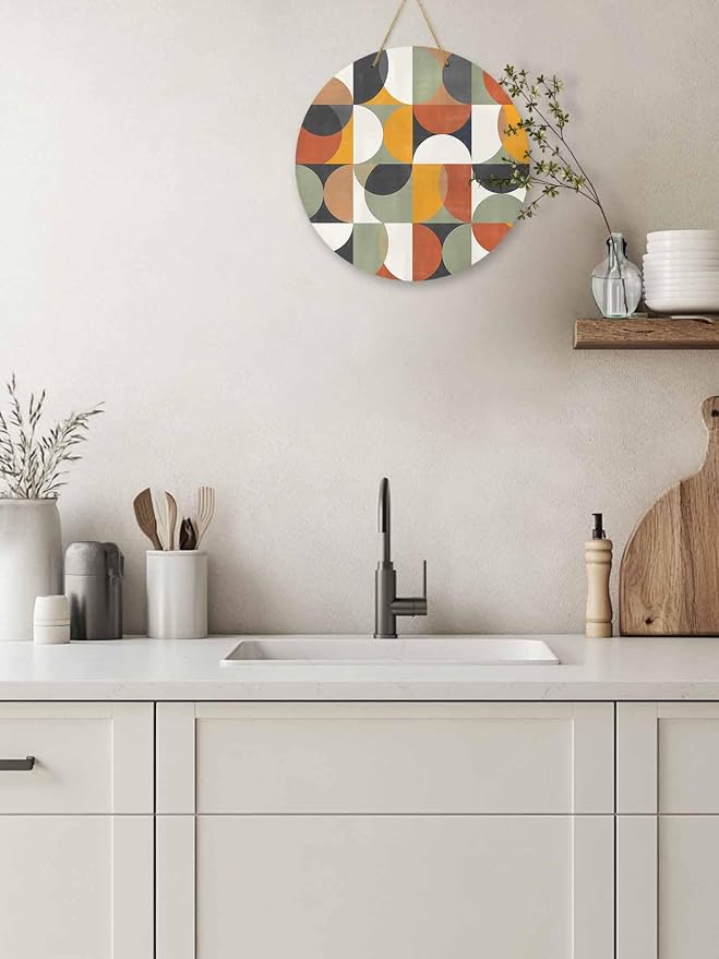 Welcome Sign for Front Door Mid Century Geometric Wood Door Hanger for Outdoor Outside Porch,12 Inch Round Wooden Wreath Indoor Wall Hanging Decoration, Abstract Modern Retro