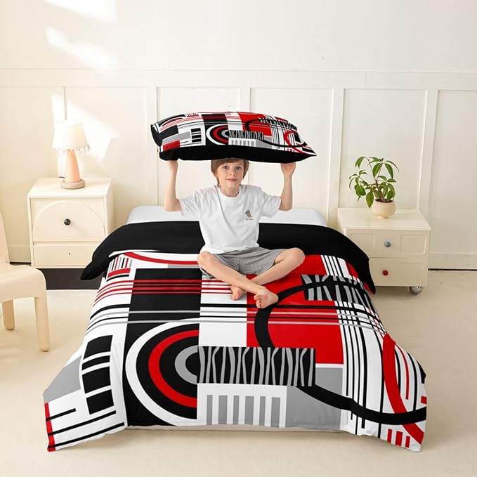 Erosebridal Art Deco Mid Century Duvet Cover Set Retro Modern Abstract Geometric Twin Bedding Sets for Girls Preteen Boys Black and White Red Circles Stripes Comforter Cover Contemporary Bed Set
