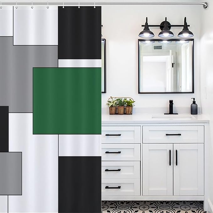 Retro Geometric Shower Curtain,Green Black Modern Geometry Minimalist Neutral Design Bathroom Curtain Polyester Waterproof Fabric Decor 66x72in（168x183cm）