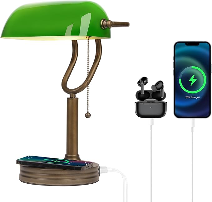 Green Glass Bankers Lamp, Retro Desk Lamp with USB Wireless Charging Port, Classic Pull Chain Switch Table lamp, for Home Office nightstand Bedside Study Desk Library