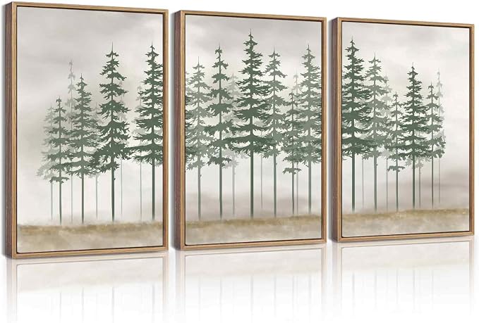 KUVIOKE Green Foggy Misty Pine Tree Framed Canvas Wall Art Watercolor Nature Abstract Forest Wall Decor Rustic Minimalist Painting for Bedroom Dining Room 12x16in (Natural Framed)