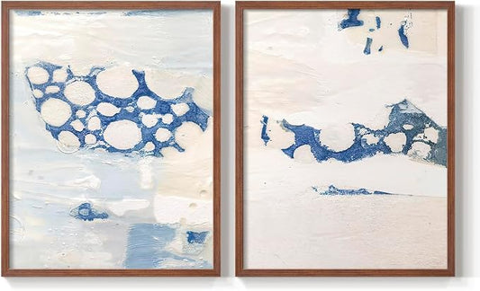Renditions Gallery Set of 2 Peel & Stick Framed Prints, Textured Abstract Wall Art, White Blue Bubble Like Pattern Wall Decor, Re-Stickable - Ready to Hang - 16"x20" - Walnut Frame LT588