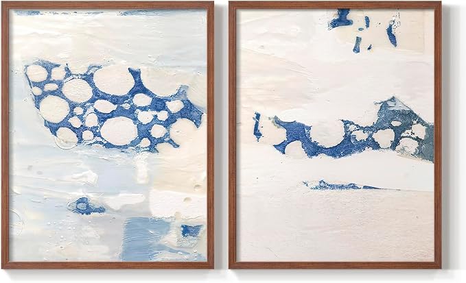 Renditions Gallery Set of 2 Peel & Stick Framed Prints, Textured Abstract Wall Art, White Blue Bubble Like Pattern Wall Decor, Re-Stickable - Ready to Hang - 22"x28" - Walnut Frame LT588