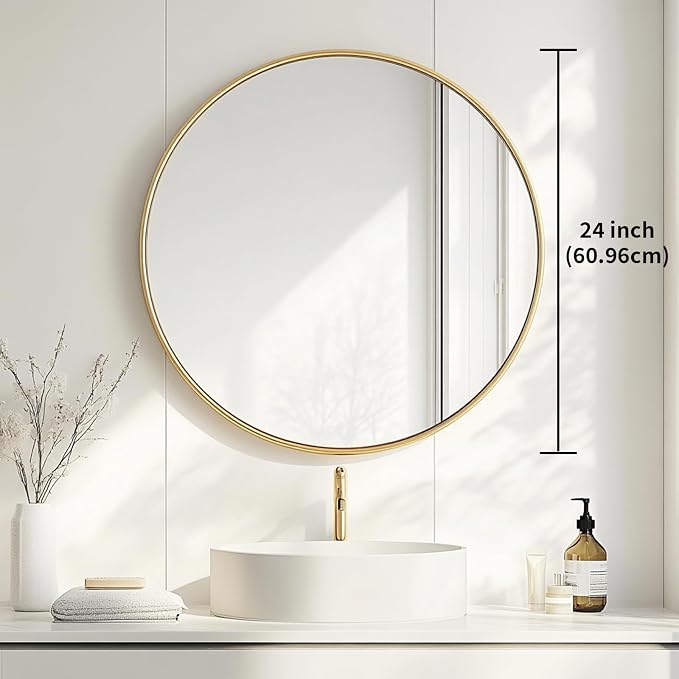 Oruii Gold Round Mirror, Golden Round Mirror 24 inch, Circle Wall Mirrors Metal Frame, Brass Circular Mirrors for Bathroom, Wall, Living Room, Entryway, Hallway, Vanity, Rustic