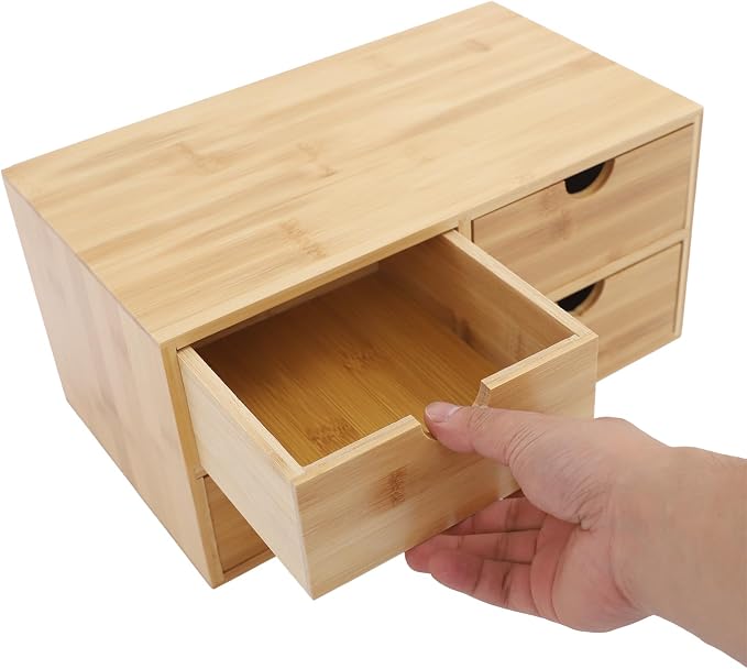 Bamboo Desk Organizer Small Retro Bamboo Tabletop Storage Box with Drawers& Recess Handles for Office Home Supplies Table Storage Collector 13 * 7.5 * 6in (4 Drawers)
