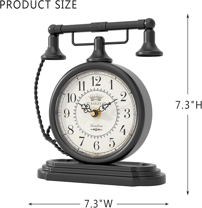 Vintage Table Clock, Desk and Shelf Decor Clock, Black Antique Telephone Style Mantel Clocks, for Living Room, Farmhouse, Bedroom, Bedside, Gift (7.3" H x 7.3" W)
