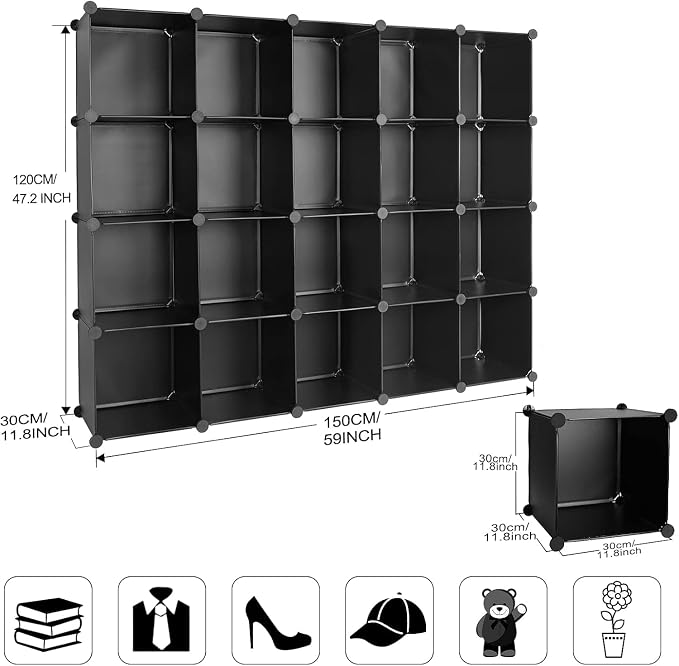 Cube Storage Organizer, DIY Plastic Closet Cabinet Modular Bookcase, Storage Shelves for Bedroom Living Room, Office（20-Cube，Plastic）