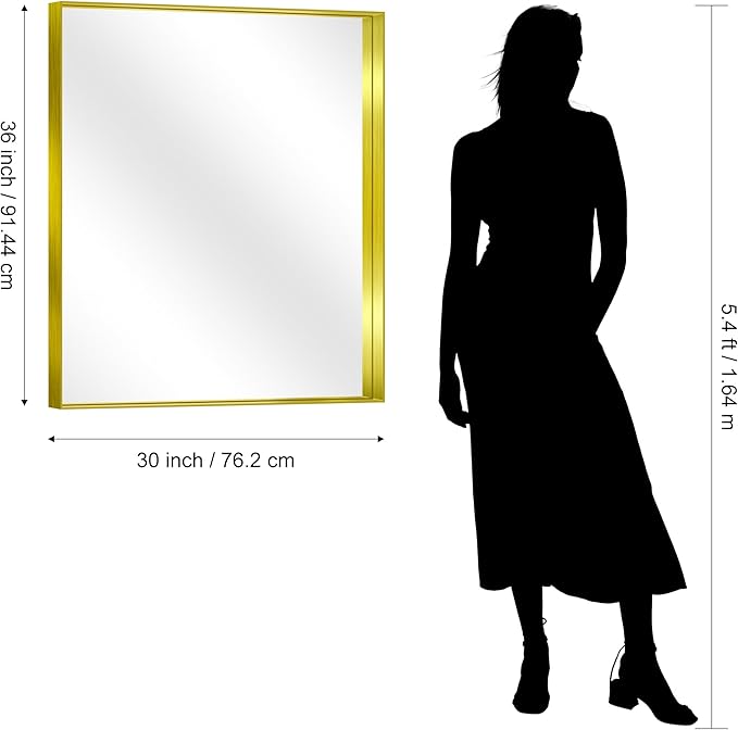 CIRCUMI Gold Bathroom Mirror, 30"x36" Rectangular Mirror with Deep Metal Frame, Brushed Finish, Tempered Glass, Mirror for Wall, Oversink, Bedroom, Installed Vertically/Horizontally, Crystal-Clear