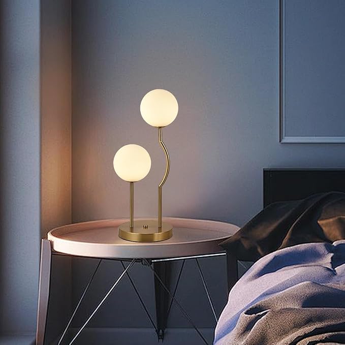 Mid Century Gold Globe Table Lamp 2-Light Orb Modern Beside Desk Table Light with Milk White Glass Shade Metal Base Nightstand Lamp for Bedroom Bedside