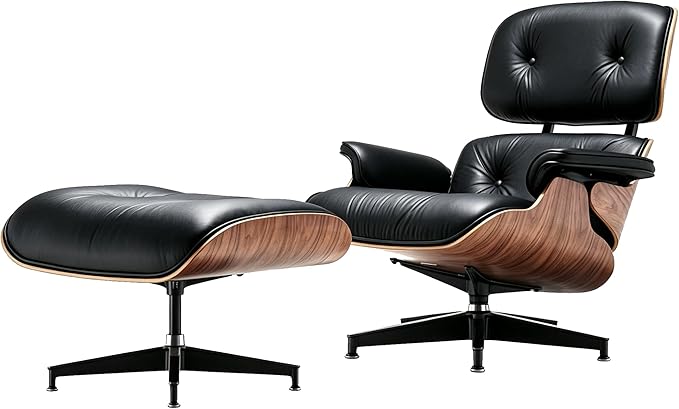 Mid Century Chaise Lounge Chair with Ottoman, Modern Retro Classic Design, PU Leather & Walnut Wood, Heavy Duty Metal Support, Comfortable for Living Room Bedroom Office（Black-Premium）