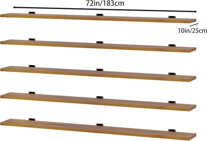 5 Tier Book Shelf,72 inch Long Floating Shelf for Wall,Wall Mounted Bookshelf Display Shelves,Solid Wood Large Bookcase