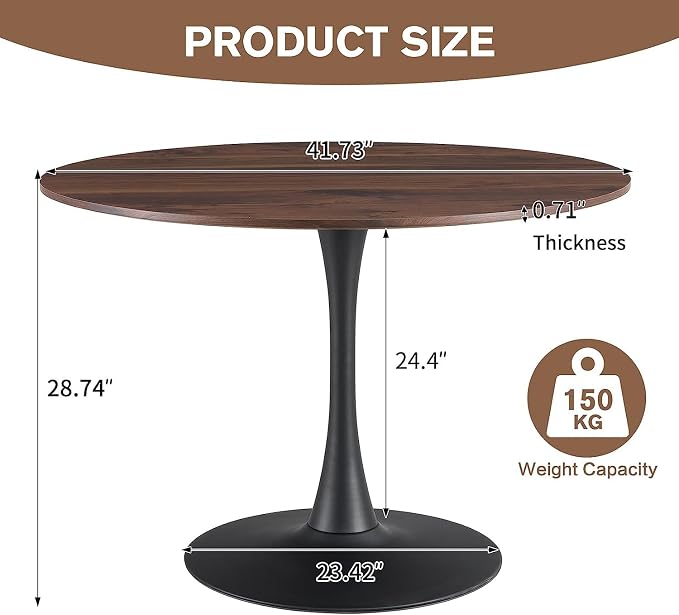 42 Inch Walnut Round Dining Table for 4-6 Person,Mid-Century Walnut Tulip Kitchen Table, Pedestal Metal Base Table for Kitchen Dining Room