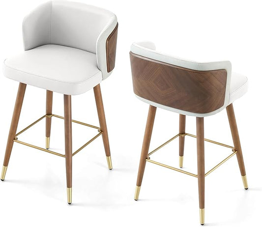 ARTPLAN Mid Century Modern Bar Stools Set of 2 for Counter Height - Leather Upholstered Seat with Walnut Wood Frame, Retro 34 Inch Bar Chairs for Home Kitchen Island, Bar, Breakfast Nook,White