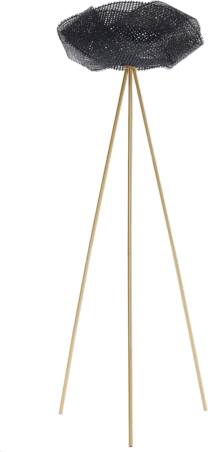 Handwoven Tripod Floor Lamp, Boho Bamboo Woven Lotus Shade Tall Standing Lamp, Black Metal Base for Living Room Bedroom Entryway, E26 Socket (Black)