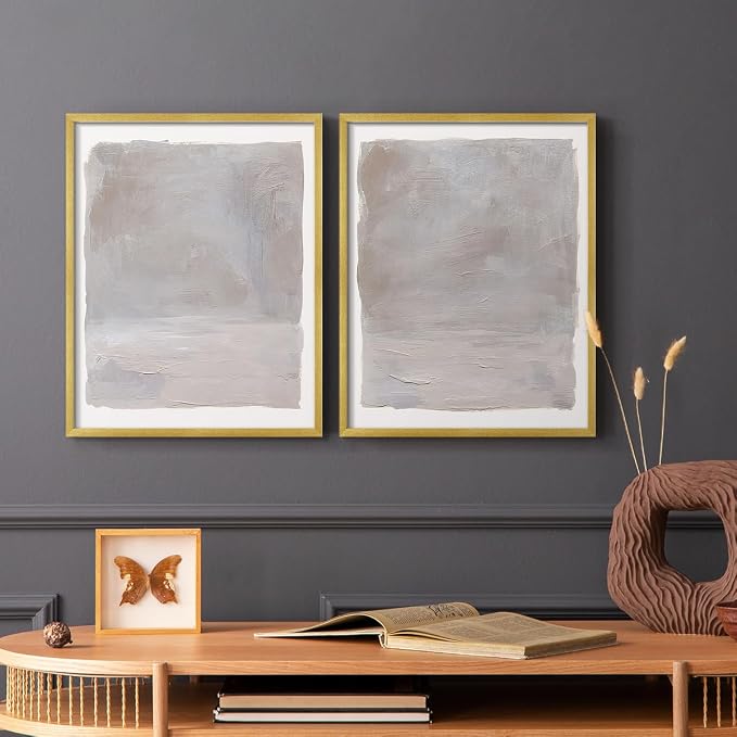 Renditions Gallery Set of 2 Peel & Stick Framed Prints, Watercolor Abstract Wall Art, Neutral Tones Textured Brushstrokes Wall Decor, Re-Stickable - Ready to Hang - 16"x20" - GOLD Frame LT588