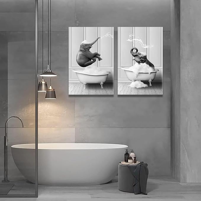 Framed Bathroom Wall Art Funny Kids Bathroom Decor Black and White Canvas Wall Art Pictures Elephant Bathing Animals Abstract Prints for Bedroom Poster 12x16x2Inch Ready to Hang