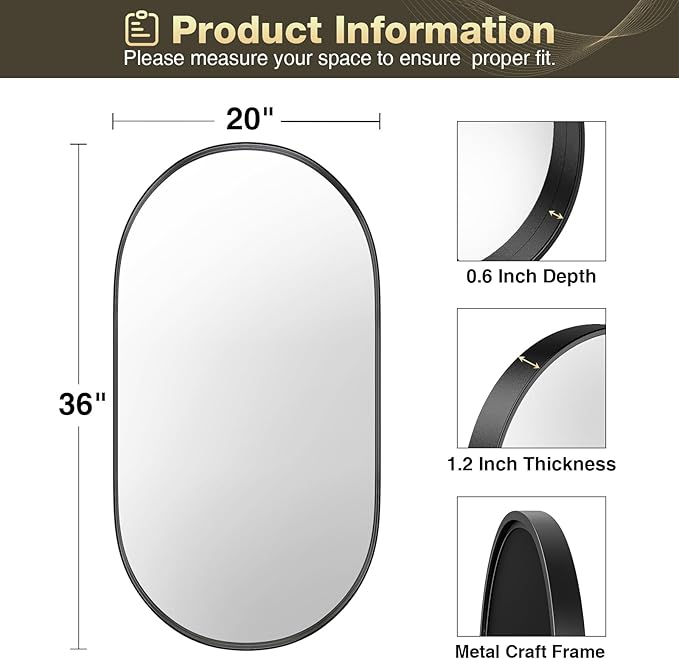 Brightify 20x36 Inch Black Oval Mirror for Bathroom, Matte Black Vanity Mirrors Metal Frame, Wall Mounted Mirror for Bedroom Fireplace Wall Decorative Hang Vertical and Horizontal