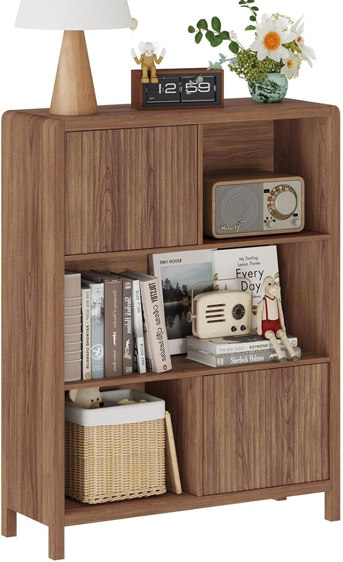 FATORRI Bookshelf with Storage, 5 Cube Bookcase with Doors, Farmhouse Wood Cube Storage Organizer for Home Office, Bedrooom, Living Room (Walnut)