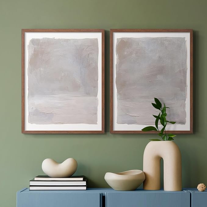 Renditions Gallery Set of 2 Peel & Stick Framed Prints, Watercolor Abstract Wall Art, Neutral Tones Textured Brushstrokes Wall Decor, Re-Stickable - Ready to Hang - 11"x14" - Walnut Frame LT588