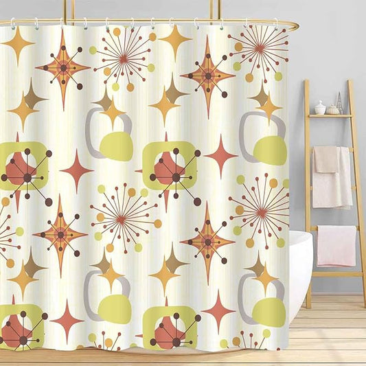 Mid Century Shower Curtain, 72x84inch, Modern Abstract Retro Yellow Striped Geometric Shower Curtain Sets 1950s Boho Bathroom Shower Curtain with 12 Hooks