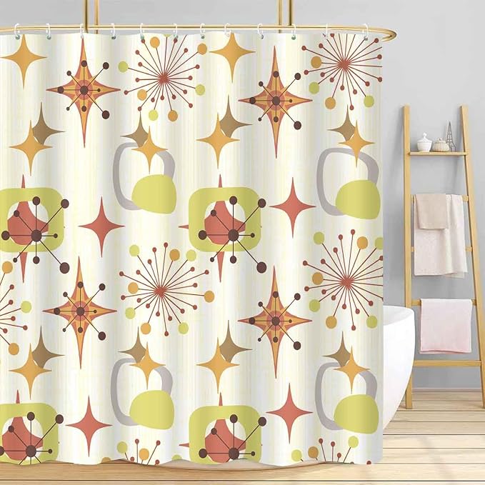 Mid Century Shower Curtain, 60x72inch, Modern Abstract Retro Yellow Striped Geometric Shower Curtain Sets 1950s Boho Bathroom Shower Curtain with 10 Hooks