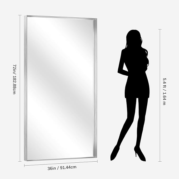 CIRCUMI Silver Bathroom Mirror, 72"x36" Rectangular Mirror with Deep Metal Frame, Brushed Finish, Tempered Glass, Large Mirror for Wall, Over 2 Sinks, Installed Vertically/Horizontally, Crystal-Clear