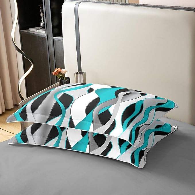 Erosebridal Teal and Black Bedding Set Twin Turquoise Striped Geometric 100% Cotton Duvet Cover Contemporary Wave Lines Comforter Cover for Kids Teens Adults Modern Geometric Stripes Bed Set 2 Pcs