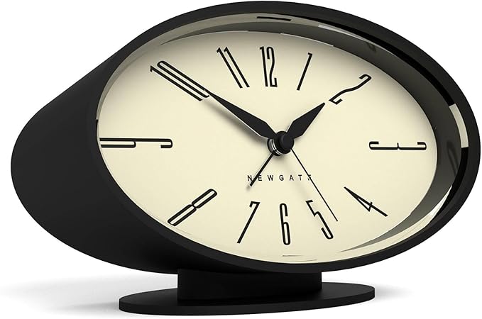 NEWGATE® Ronnie Alarm Clock | Oval Retro Design | Black Soft Rubberised Finish | Ideal for Bedside, Desk or Shelf | Modern, Retro mid-Century Bedroom & Office Accessory