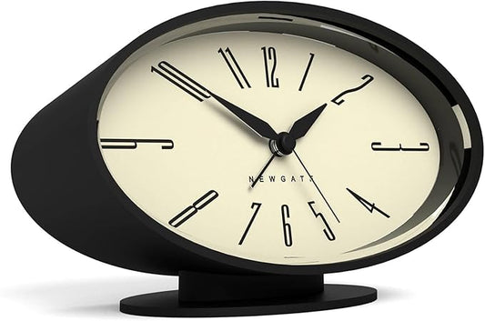 NEWGATE® Ronnie Alarm Clock | Oval Retro Design | Black Soft Rubberised Finish | Ideal for Bedside, Desk or Shelf | Modern, Retro mid-Century Bedroom & Office Accessory
