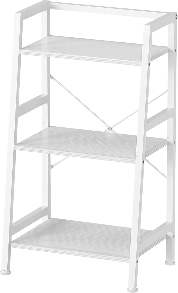 3-Tier Bookshelf, Ladder Shelf, Stand Up Shelves, Industrial Bookcase with Steel Frame, Metal Small Bookcase, for Living Room, Home Office, Kitchen, Bedroom, Industrial Style（White）