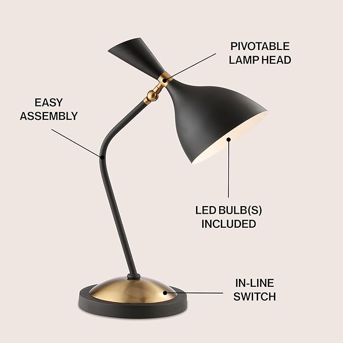 JONATHAN Y JYL9065A Albert 21.5" Iron Retro Mid-Century LED Table Lamp Contemporary Glam Bedside Desk Nightstand Lamp for Bedroom Living Room Office College Bookcase, Black/Brass Gold