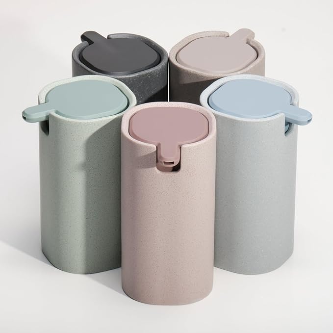LINE+ARC Modern Easy-to-Press Soap Dispenser (Stone). No-Rust Cute Bathroom Beige Marble Kitchen Sink Ergonomic Liquid Lotion Shampoo Conditioner