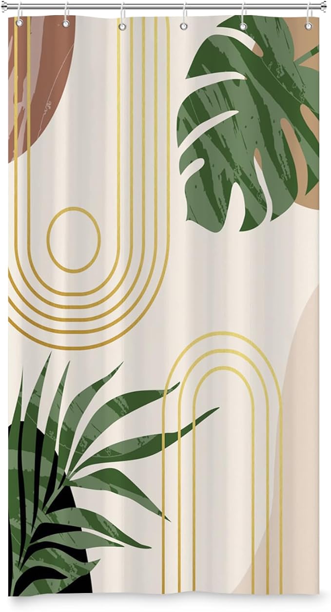 Boho Sage Green Shower Curtain Bohemian Mid Century Geometric Abstract Curve Bathroom Curtain Palm Leaf Polyester Shower Curtain Sets for Bathroom Extra Long 54x72 in with 10 Hooks