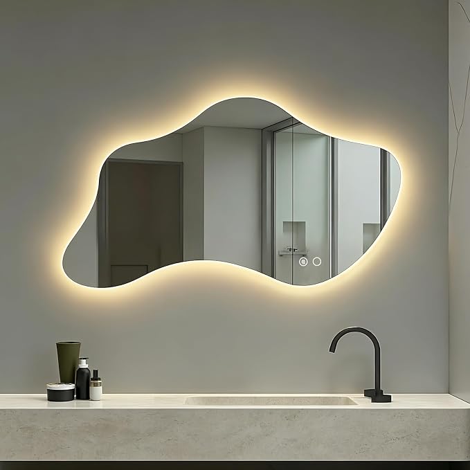 35.8in Asymmetrical Bathroom Mirror with Lights, LED Irregular Wall Mirror, Abstract Modern Lighted Vanity Mirror for Wall, Anti-Fog, Dimmable, Horizontal/Vertical