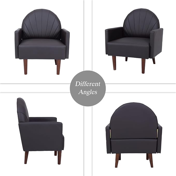 Mid-Century Accent Chair, Faux Leather Armchair - Shell-Shaped Back Waterproof PU Leather Modern Retro Lounge Chair for Living Room, Office, Bedroom & Waiting Room