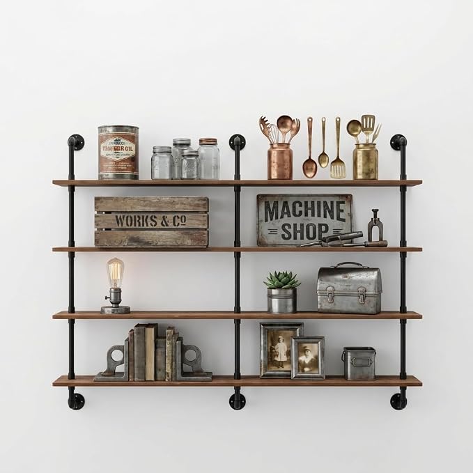 HDDFER Floating Shelves for Wall Bookshelf Industrial Pipe Shelving Shelves 60 Inch Natural Wood Planks Rustic Wall Shelves Hanging Bookshelves Farmhouse Kitchen Shelving