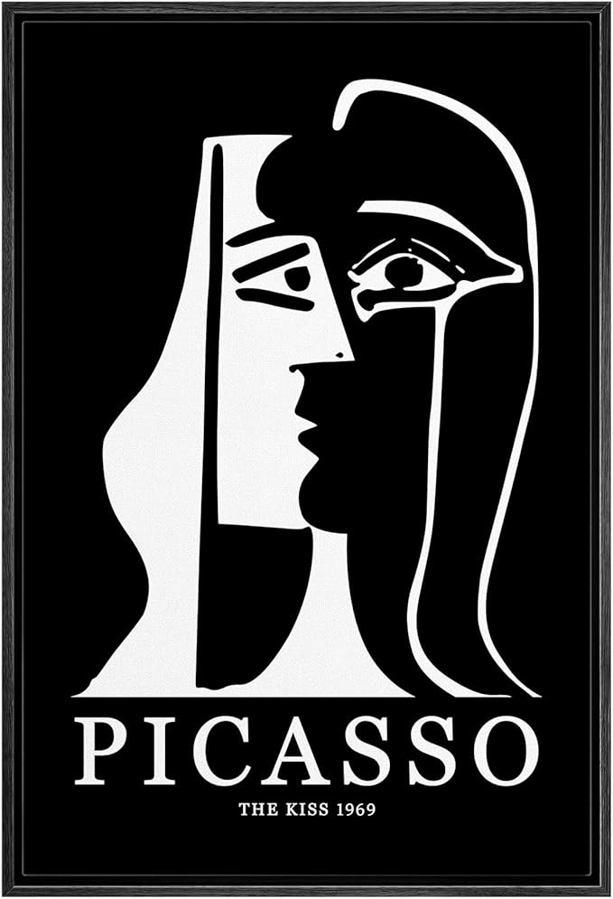 MUDECOR Framed Canvas Print Wall Art Picasso Black & White Geometric Kiss Portrait Shapes Abstract Illustrations Modern Art Minimal Dramatic Dark for Living Room, Bedroom, Office - 24"x36" Black