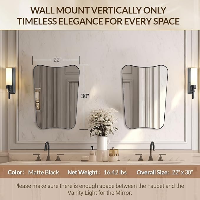 MIRRORTART Contemporary Black Bathroom Wall Mirrors, 22x30'' Asymmetrical Scalloped Butterfly Rectangle Mirror in Stainless Steel Metal Frame for Home Decor Wall Mounted Vertical Only