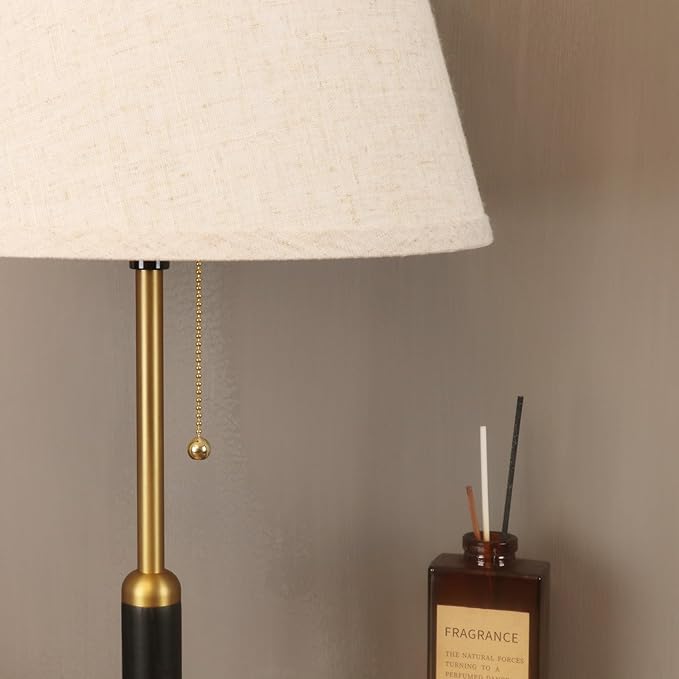 21" Modern Bedside Lamp Mid Century Table Lamp, Pull Chain Nightstand Lamp for Bedroom Living Room 3-Color Light, Solid Wood/Metal/Fabric for Home/Office/Desk Decor (Light Brown+Brass)